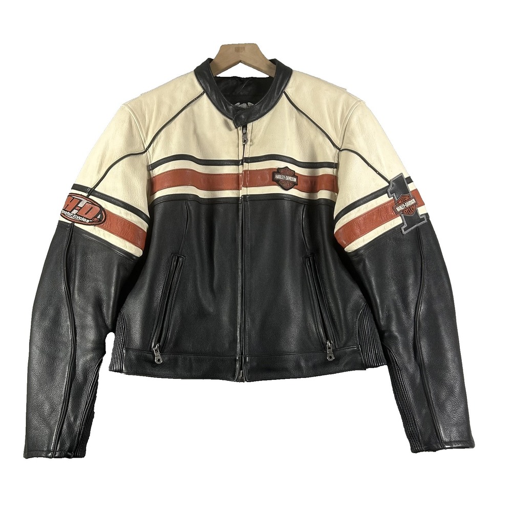 Harley-Davidson Jacket Womens XL Leather Striped Motorcycle HD Flames Racing